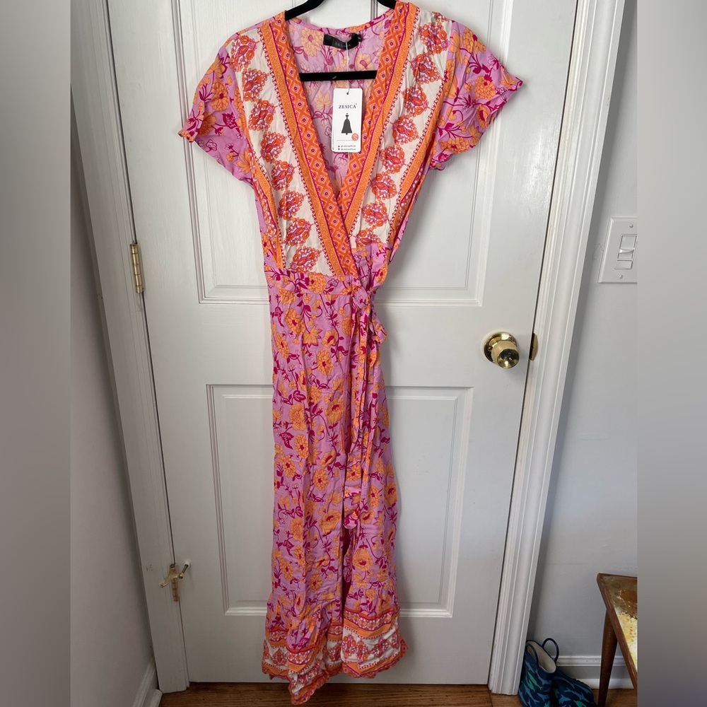 NWT Floral Pink and Orange Wrap Dress